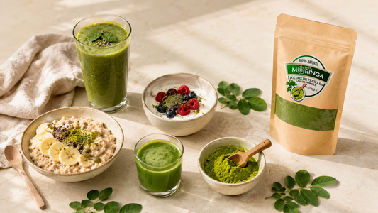 Zest of Moringa Organic Moringa Leaf Powder with green smoothie, yogurt with berries, oatmeal, green juice, and fresh moringa leaves.