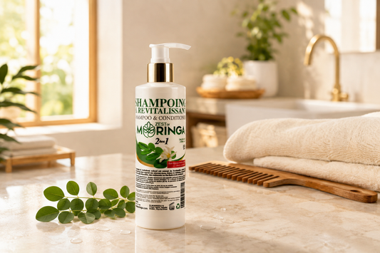 Zest of Moringa 2-in-1 Shampoo & Conditioner on a warm stone bathroom counter with moringa leaves, ivory towels, and a wooden comb.
