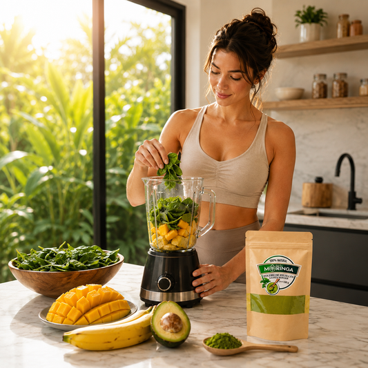 Woman making a green moringa smoothie in a blender with spinach, mango, banana and avocado, next to a bag of Zest of Moringa powder in a bright kitchen