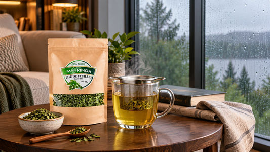 Zest of Moringa Organic Moringa Leaf Tea with loose leaves and freshly brewed tea in a cozy reading lounge.