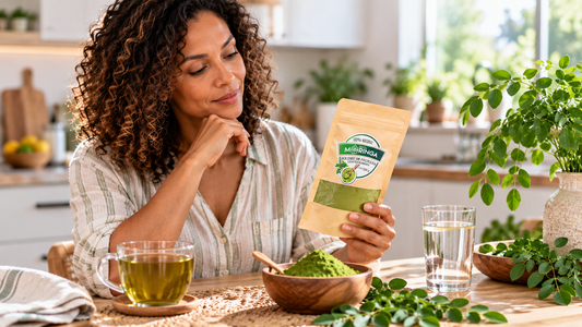 Woman reading moringa product directions before use