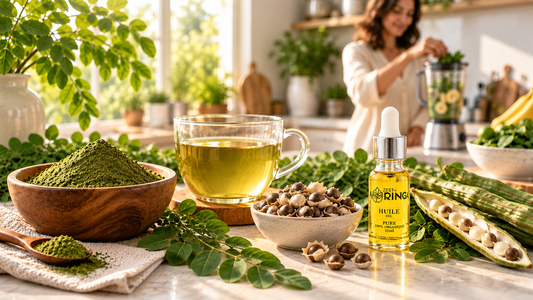 Moringa powder tea seeds and oil with fresh Moringa oleifera leaves