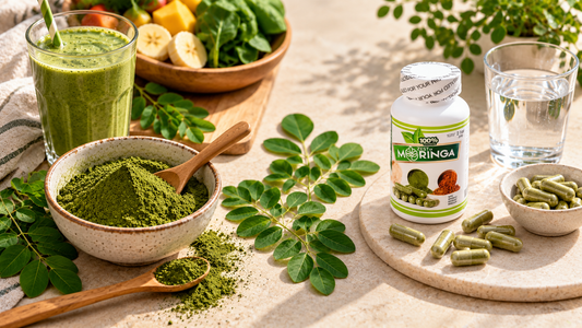 Woman comparing moringa leaf powder ingredients and quality