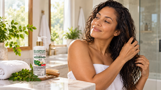 Woman following a moringa shampoo and conditioner hair care routine