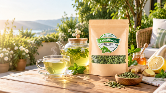 Zest of Moringa Leaf Tea pouch with freshly brewed moringa tea, dried leaves, lemon, ginger, honey and mint on a sunlit garden table.