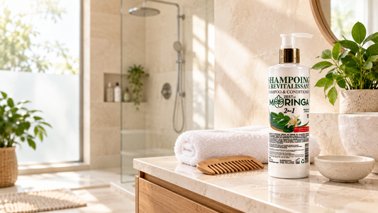 Zest of Moringa 2-in-1 Shampoo & Conditioner displayed on a bright bathroom vanity with a white towel, wooden comb, and natural greenery.