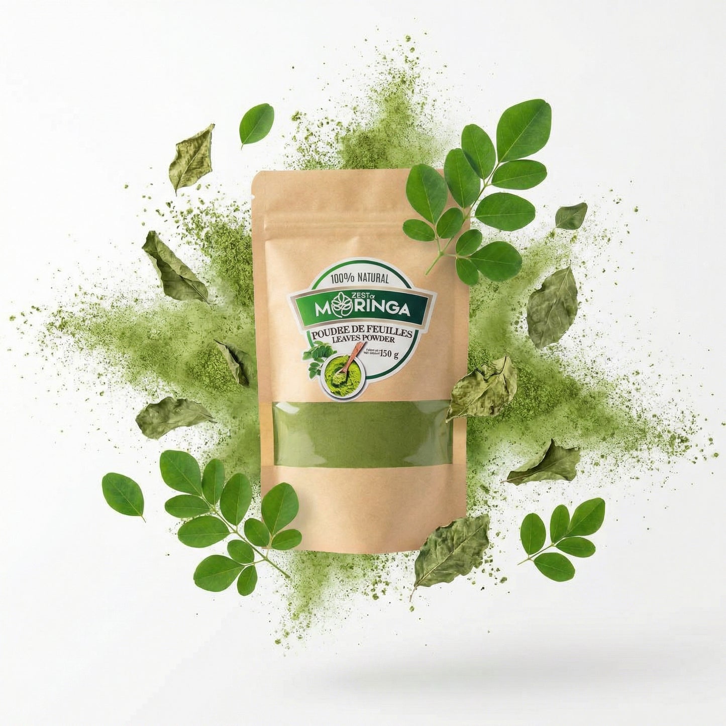 Moringa leaf powder spoonful — vibrant green plant-based superfood