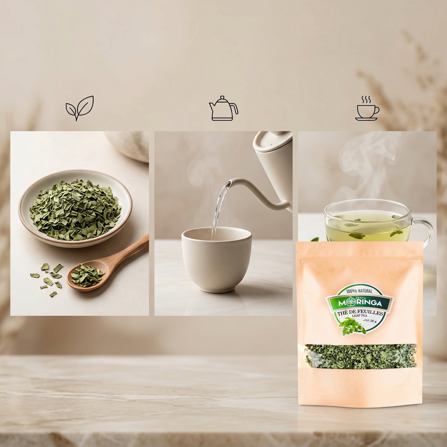 Brewed moringa leaf herbal tea cup — natural plant-based infusion