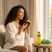 Woman smoothing Zest of Moringa oil through natural coily hair